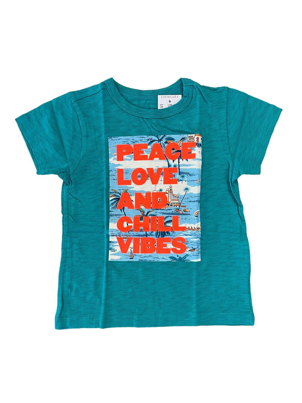 NWT J. Crew Boys' Teal/Green W/Peace, Love & Chill Vibes Graphic Tee - SIZE 2